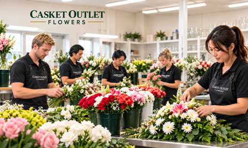 Florists preparing funeral flowers